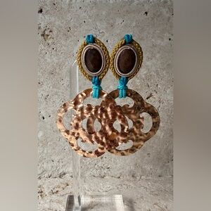 Handmade Boho Statement Earrings | Hammered Copper Turquoise Cord